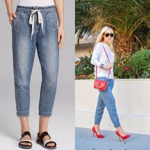 Free People Slouchy Easy Chambray Harem Cargo Drawstring  Jean Pant Size S NWT